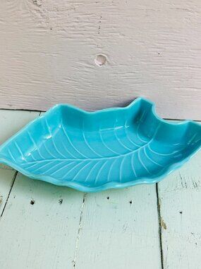 Vintage California Originals Turquoise Leaf Dish MCM Ceramic Serving Tray USA